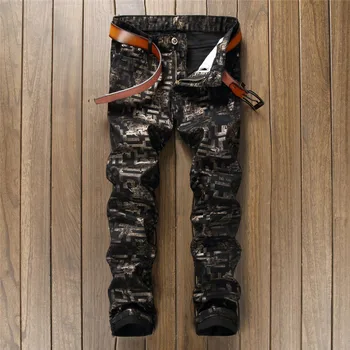 

2019 New Men's jeans Micro-elastic three-Dimensional pattern Printing Men's pants tide Black Slim feet Men's pants Size 28-38