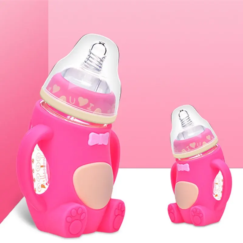 240 ML Детские Силиконовые Бутылка для комления молоком с ручкой младенческой мультфильм антифал воды кормление из бутылочки Кубок Стекло