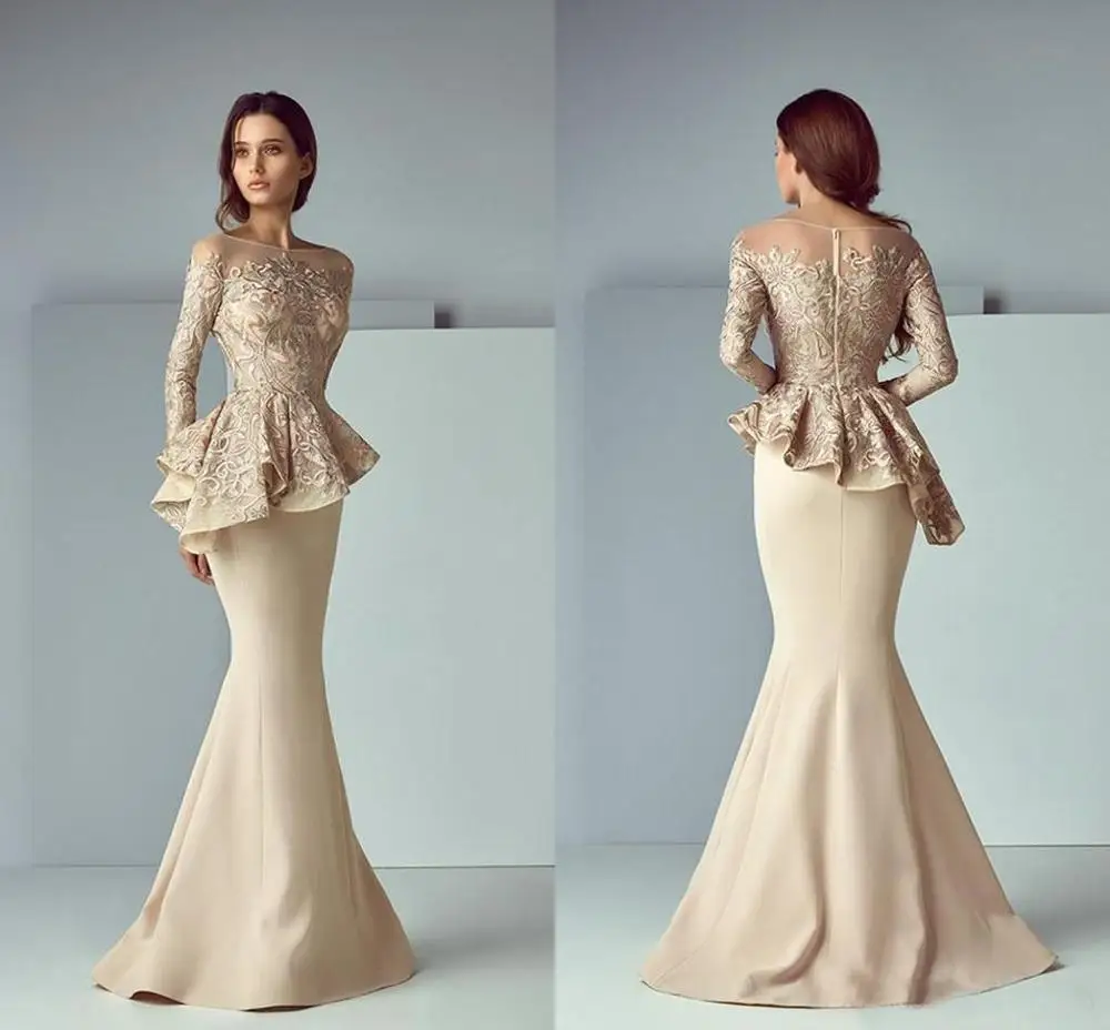 

Champagne Long Sleeves Evening Dress 2019 Embroidery Lace Peplum Mermaid Mother Formal Party Dresses Gown