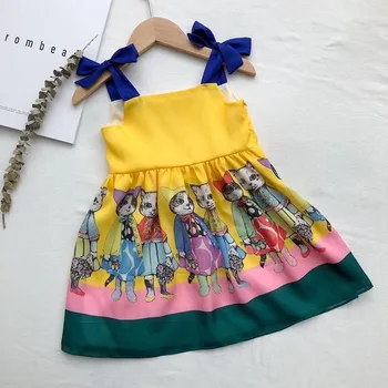 

Baby Girls Clothes Chiffon Children's Summer Sweet Dress Stylish Cartoon Cat Pattern Print Sleeveless Sling Dress