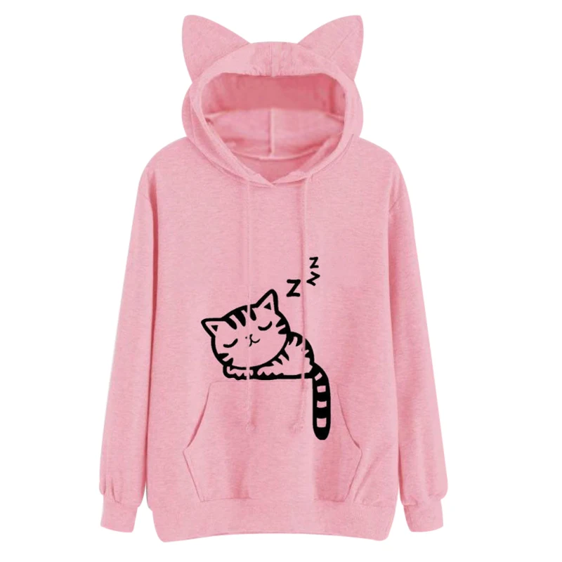 Harajuku женские толстовки Толстовка Kawaii розовый зимний рисунок кота с длинным
