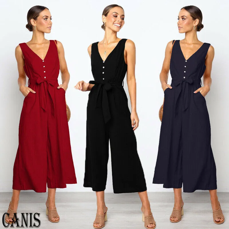 

2019 Brand New OL Women Summer Jumpsuits Sleeveless Button V-Neck Tank Romper Lady Solid Wide Leg Pants Jumpsuits Cotton Clothes