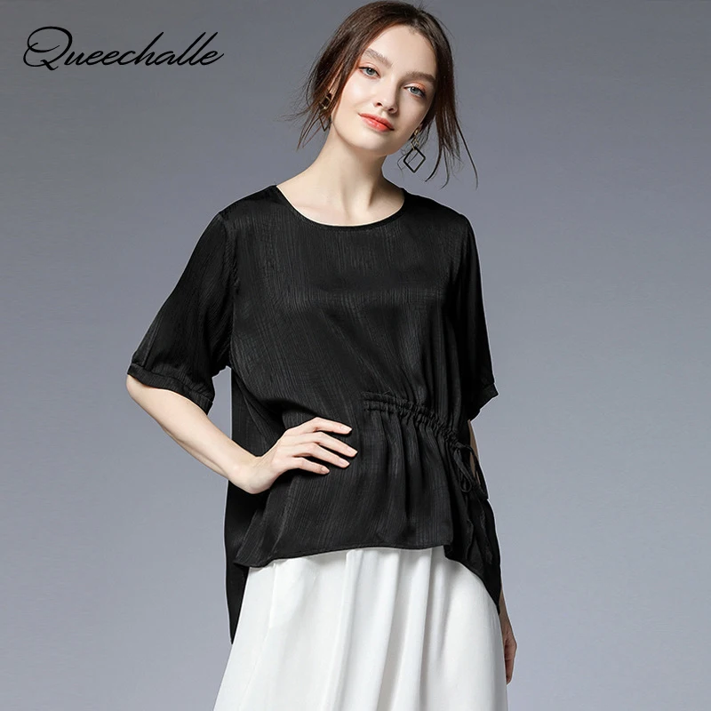

2019 Summer Blouse Women Short Sleeve Loose Casual Blouse Female Drawstring Waist Tops Ladies XL XXL XXXL 4XL Plus Size Blouses
