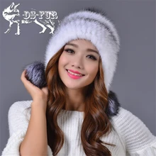Real mink fur hat with fox fur pom poms adult winter keep ear warm solid fashion cap Knitted genuine fur beanies women’s fur hat