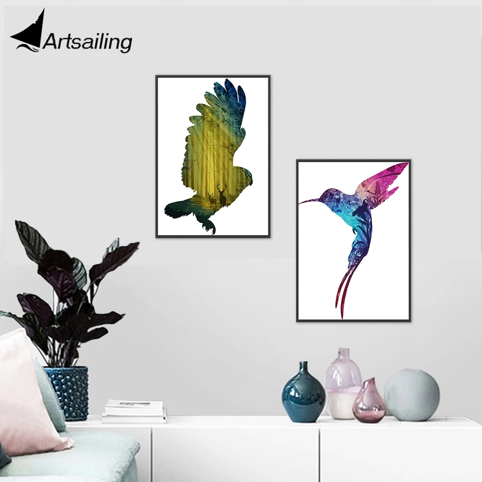 

ArtSailing nordic canvas art Abstract Hummingbird Silhouette Forest Poster painting Bird Picture for Living Room home Decoration