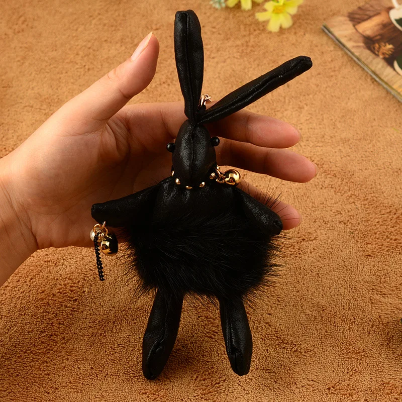 

Luxury High Quality Cute Leather Animal Rabbit Keychain Mink Fur Pompom Key Ring Women Bag Charm Accessories Pendant Key Holder