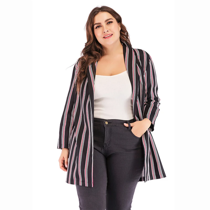 Spring Women Plus Size Jackets Chiffon Suit Jacket Stripes Long Sleeve Slim Suit Button Large Size Women Basic Jackets 5XL