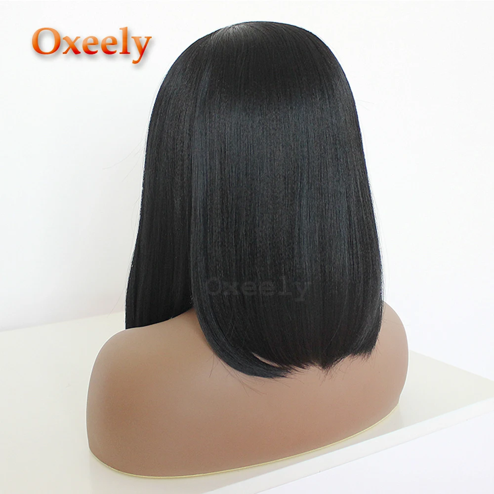 Oxeely короткие черные волосы синтетические волосы на кружеве парики боб прямые волосы Yaki парики для черных женщин с Детские волосы термостойкие