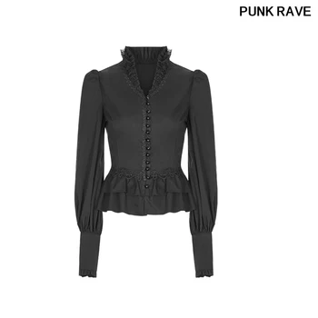 

Embroidery Ruffle Lace Shirt Gothic Long Sleeve Black Cotton Blouse Wearing Rope Adjustment Self-cultivation PUNK RAVE WY-889CCF