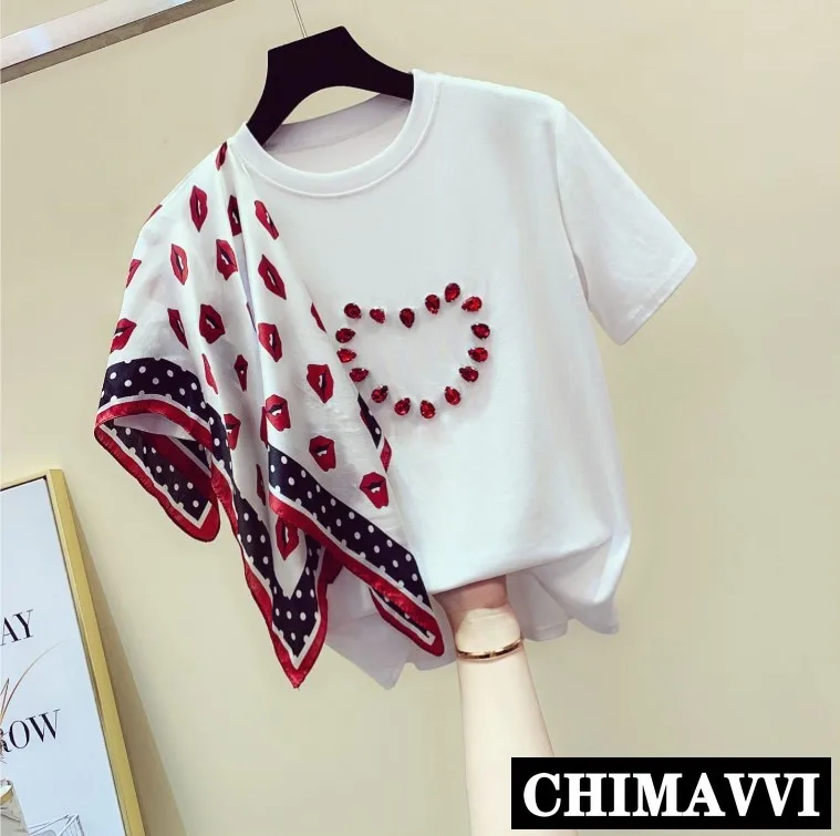 

Summer Girls Women Loose Red Lips Printed Scarf Stitching Short Sleeve T-shirt Students Beaded White Tees Tops Female T Shirts