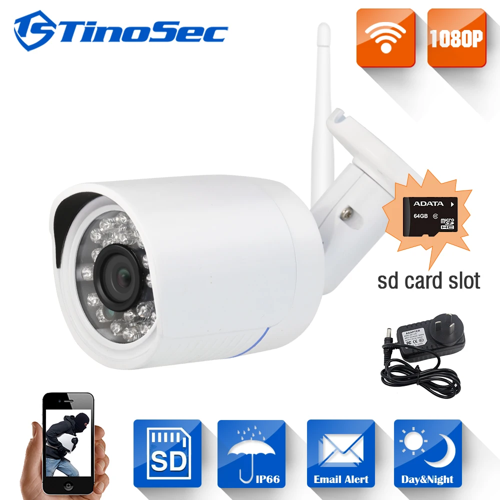 TinoSec 1080P Wireless Metal IP Camera Wifi Outdoor IP66 Bullet IR P2P With IR-Cut Filter 2.0MP with TF Card Slot IP Camera