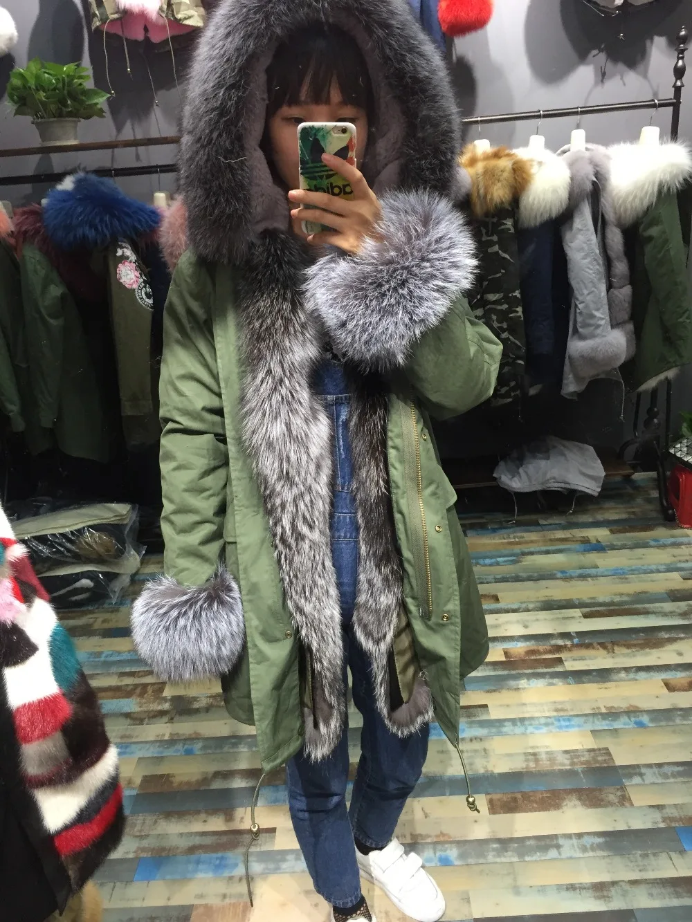 SQXR FUR 100% Natural sliver Fox Fur Coats Winter Whole Skin Real red Fox Fur Coats with real Rabbit Fur lining