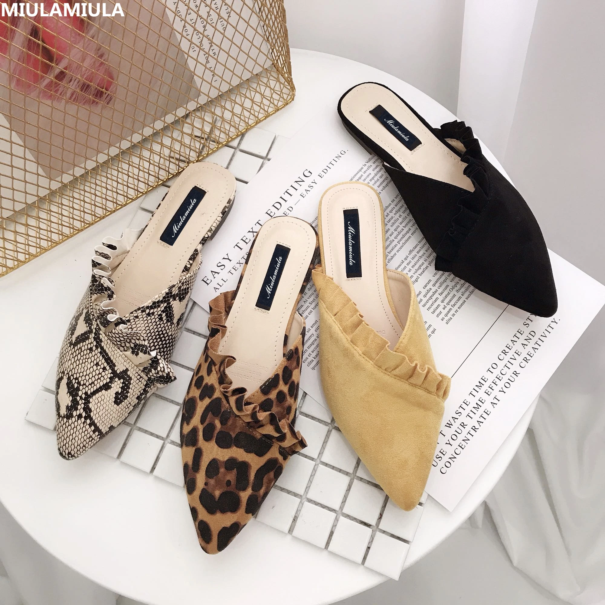 

MIULAMIULA Brand Designers 2019 New Sexy Leopard Flock Slipper Flat Ruffles Shoes Female Slip On Loafers Mules Flip Flops 35-40