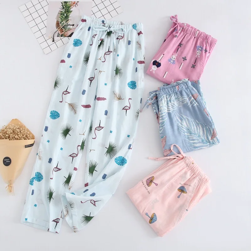

Ladies Sleeping Pants 100% Gauze Cotton Floral Print Grid Stripe Variety Styles Sleep Bottoms Trousers Soft Pants Household Wear