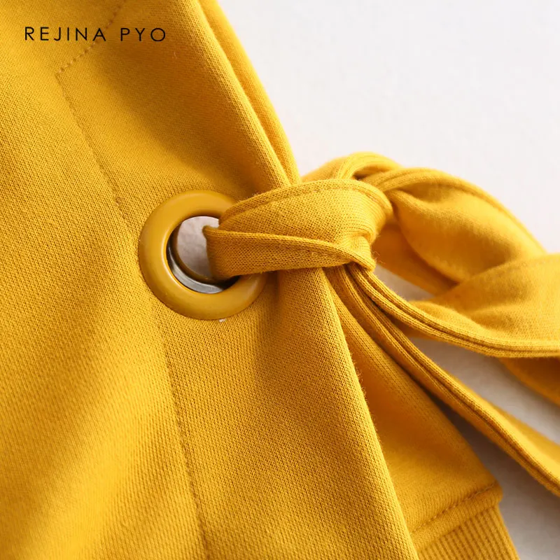  REJINAPYO Women Cotton Loose Solid All-match Sweatshirts O-neck Bow Drawstrings Split Fashion Stree