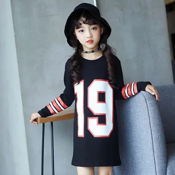 

T Shirt Dresses For Kids 2020 Fall Girls Long Sleeve Dress Letter Print Long T-Shirt BLACK / WHITE Casual Cotton Striped Dress