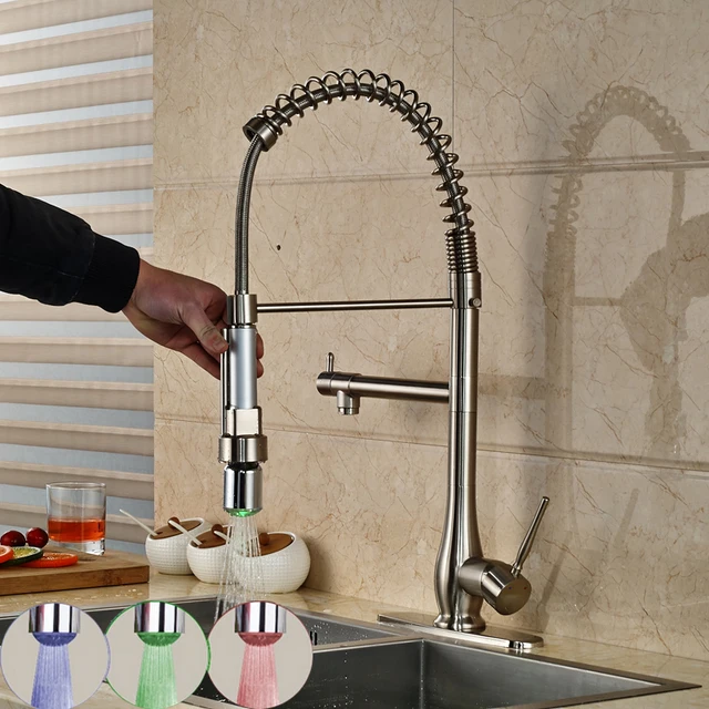 Best Price Deck Mounted LED Light Double Swivel Spout Kitchen Faucet Brushed Nickel One Handle Mixer Taps with 8 " Hole Cover Plate Best Price Deck Mounted LED Light Double Swivel Spout Kitchen Faucet Brushed Nickel One Handle Mixer Taps with 8 " Hole Cover Plate