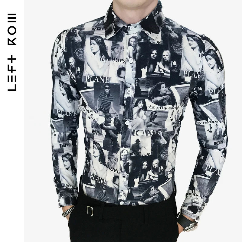 

2019 New Men's Printed Long-sleeved Shirt Black and White Portrait Print Shirt Top -Size:XXXL