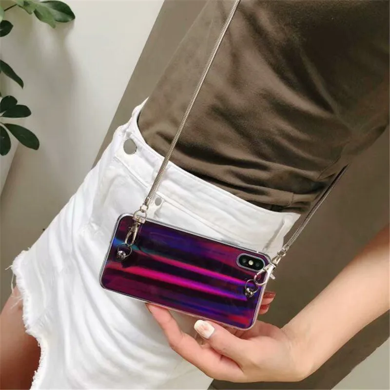 

Luxury Fashion Gradient Rainbow Laser Phone Cases for iPhone X XS Max Xr 6S 6 8 7 plus Crossbody Long Chain Back Cover For Girls