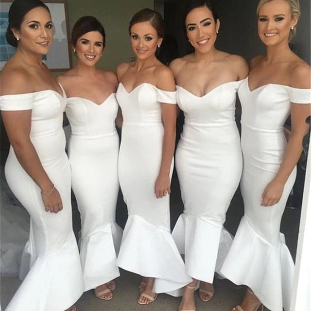 Special Offers High Quality White Satin Mermaid Wedding Party Dresses 2019 Charming Boat Neck Off The Shoulder Long Bridesmaid Dress Cheap