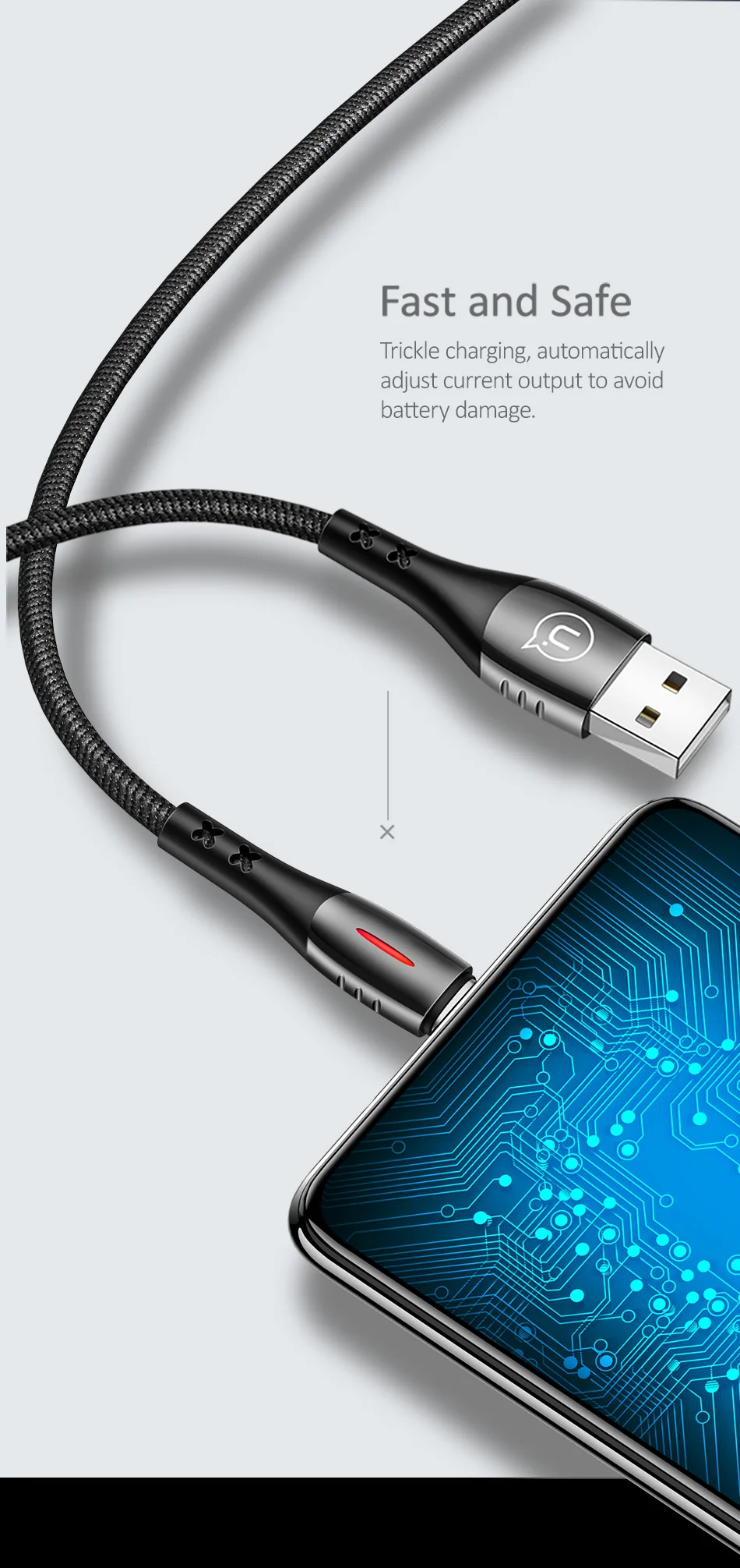 USAMS, Автоматическое отключение питания, кабель Micro USB, нейлоновый плетеный кабель, светодиодный кабель, поддержка QC 3,0, кабель для быстрой зарядки