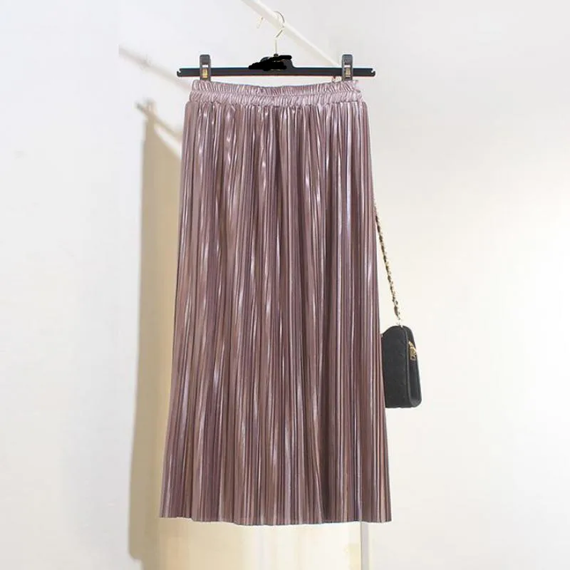 Весенне-летняя новая стильная длинная юбка с эффектом металлик, однотонная плиссированная юбка с высокой талией - Цвет: purple