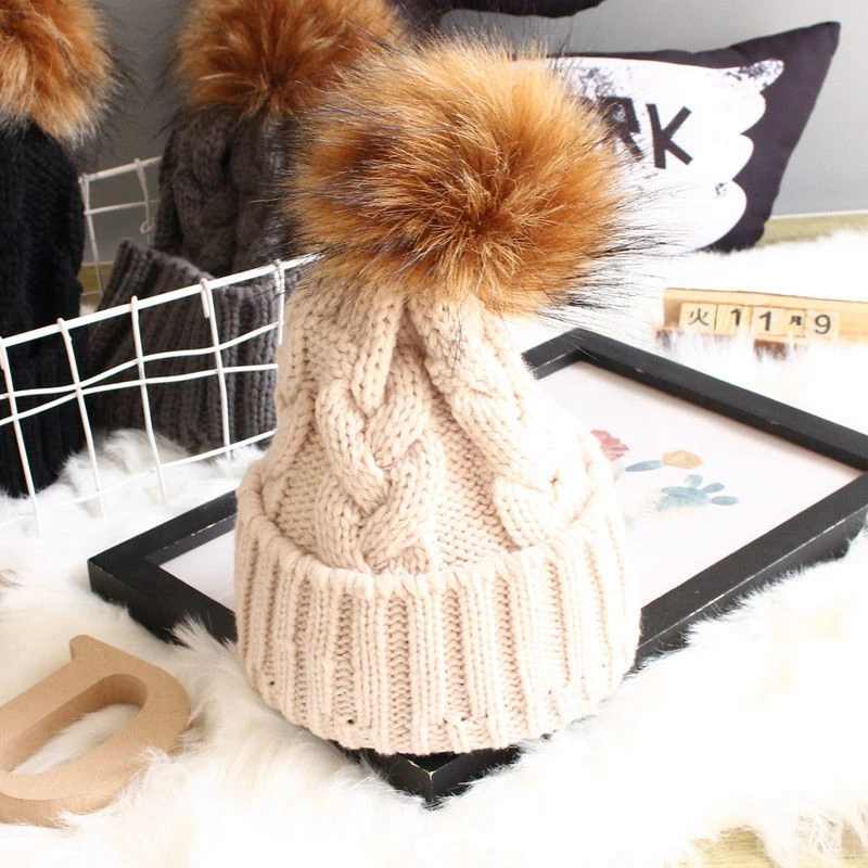 

Women Kids Baby Mom Warm Winter Knit Beanie Fur Pom Pom Hat Crochet Ski Cap