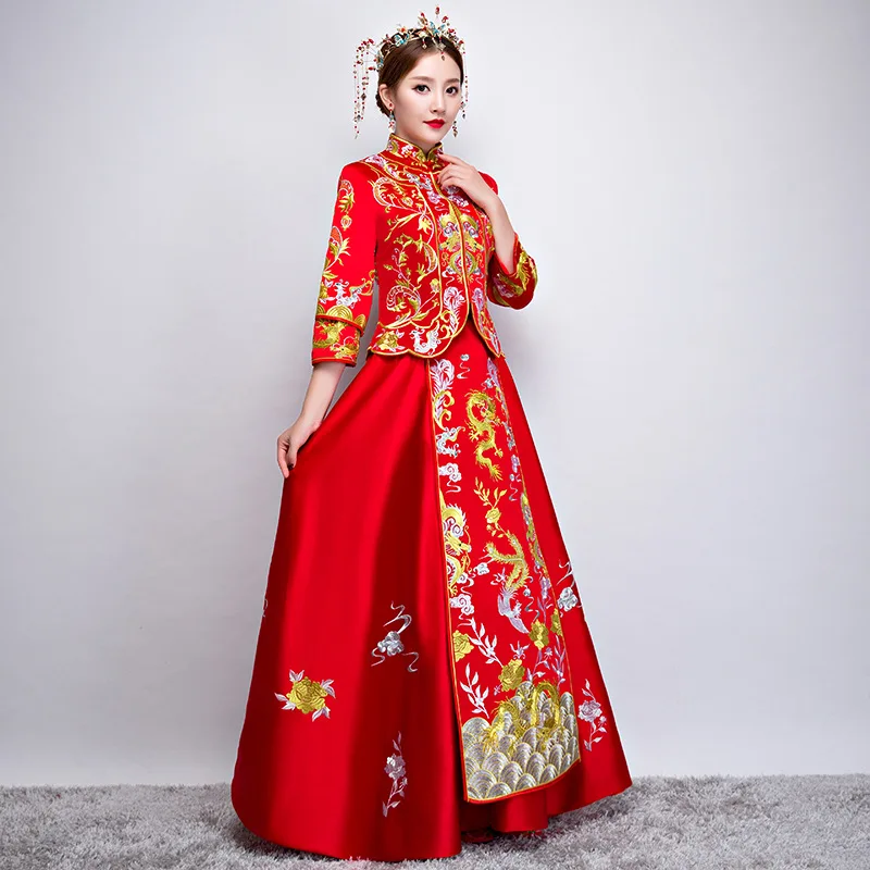 Красное традиционное платье в китайском стиле, свадебное платье, новинка, женское длинное платье Ципао, платья в восточном стиле