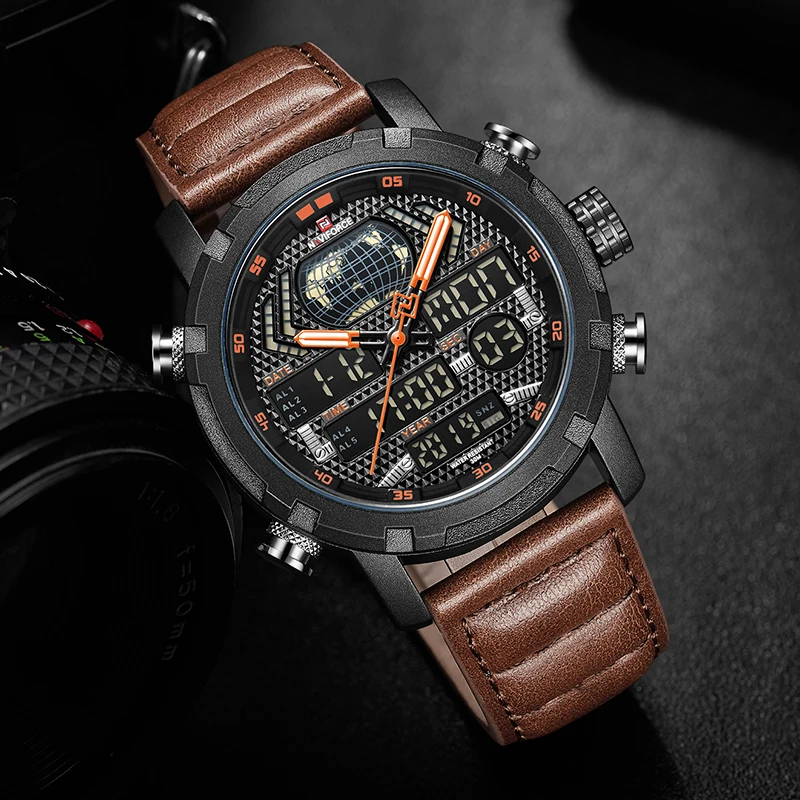 Najtaniej NAVIFORCE Top marka moda męska Sport Watch mężczyźni skórzane wodoodporne zegarki kwarcowe mężczyzna data analogowy zegar z podświetleniem led Relogio Masculino