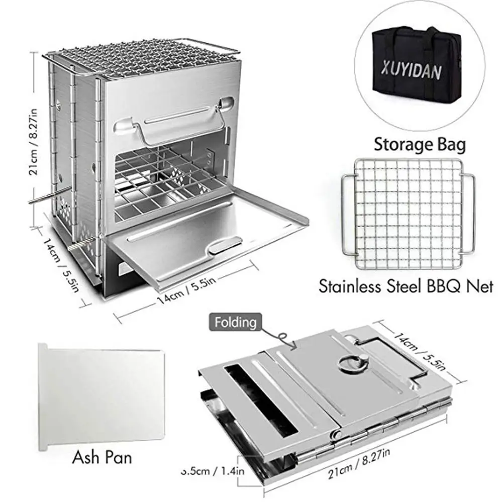 

Camping BBQ Grill Stainless Steel Square Stove Foldable Grill Adjustable Outdoor Mini Charcoal Stove BBQ Grill Outdoor