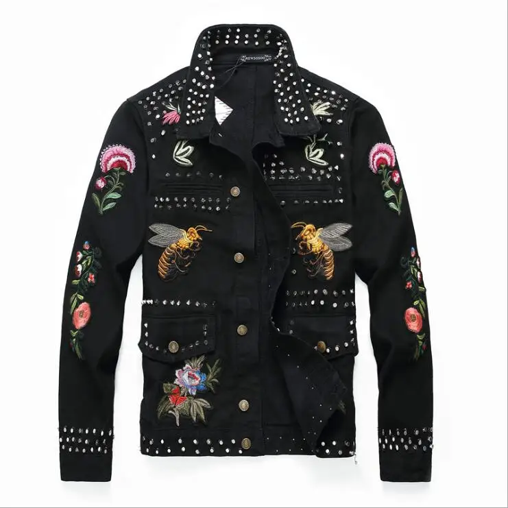 HEYGUYS Мужская мода заклепки цветок пчелы Вышивка Черная куртка с длинным рукавом тонкий деним пальто короткий дизайн вышитые верхняя одежда - Цвет: Черный