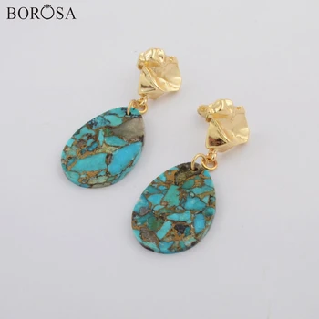 

BOROSA Jewelry Gild Teardrop Shape Copper Natural Turquoises Slice Drop Earrings Natural Gems Slice Earrings for Lady G1796