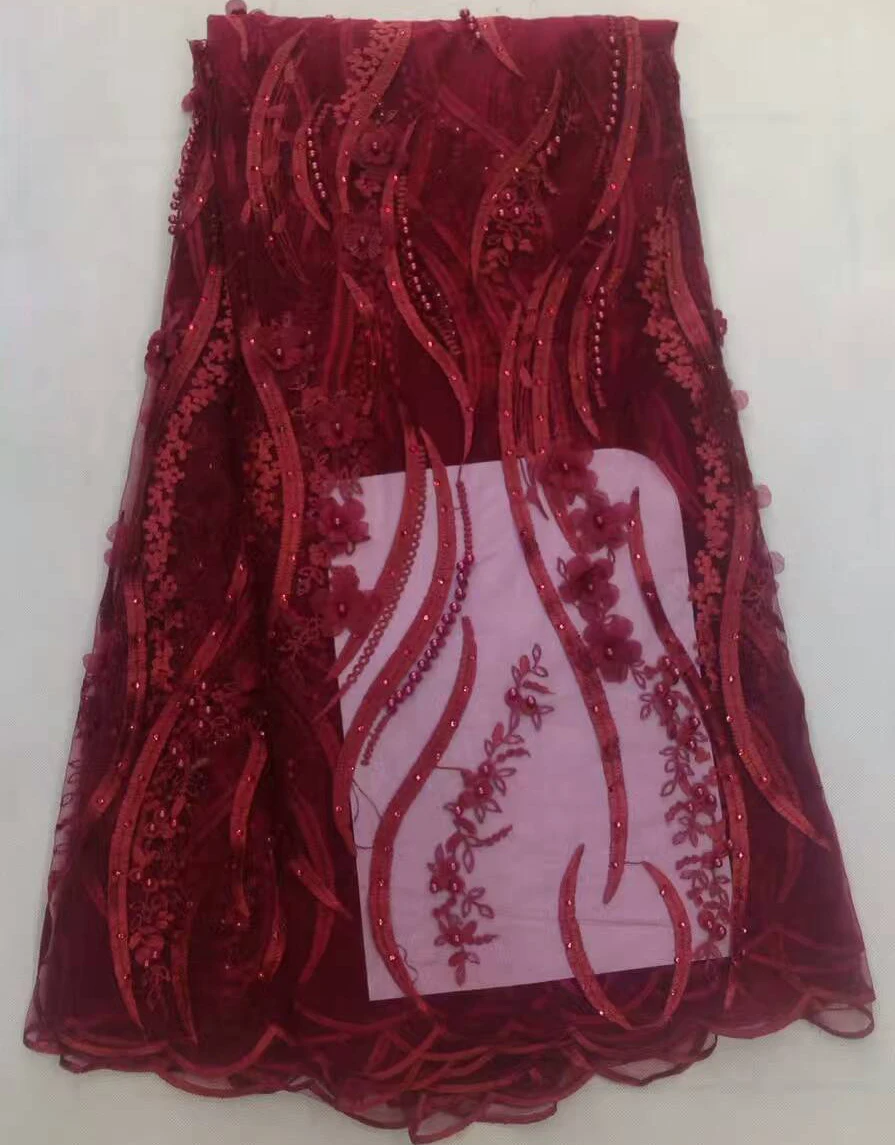 Wine Color Beaded Lace 2017 French Lace Fabric Fashionable 3D Tulle