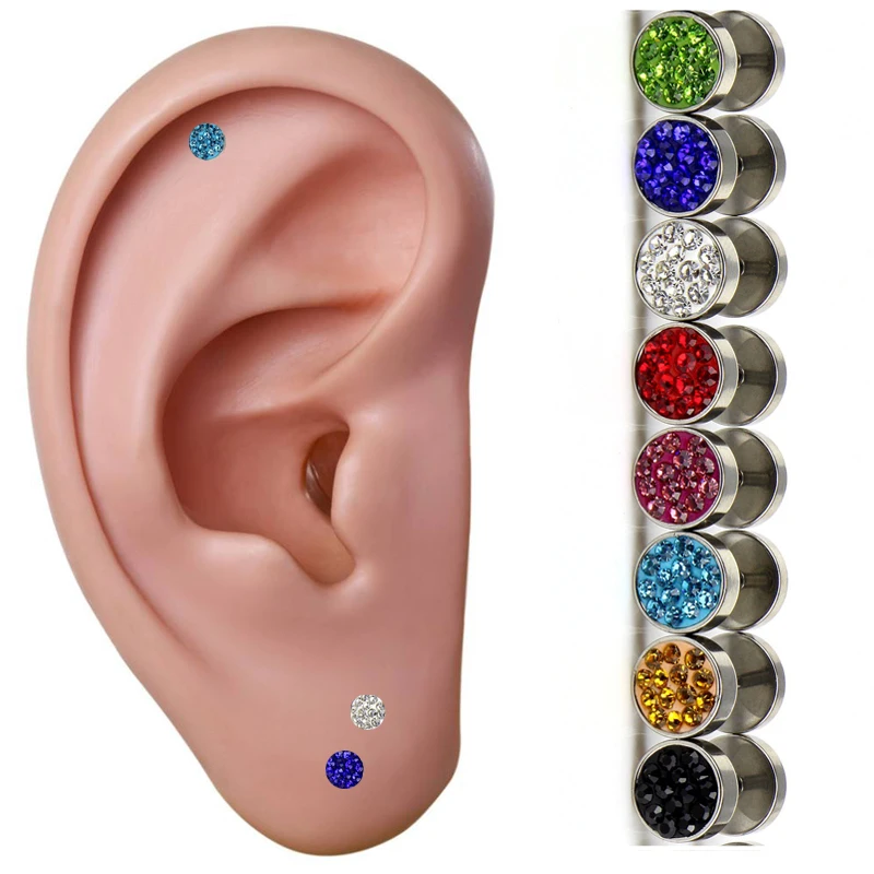 Multi crystal Fake Ear Plugs stainless steel Screw Stud Earrings