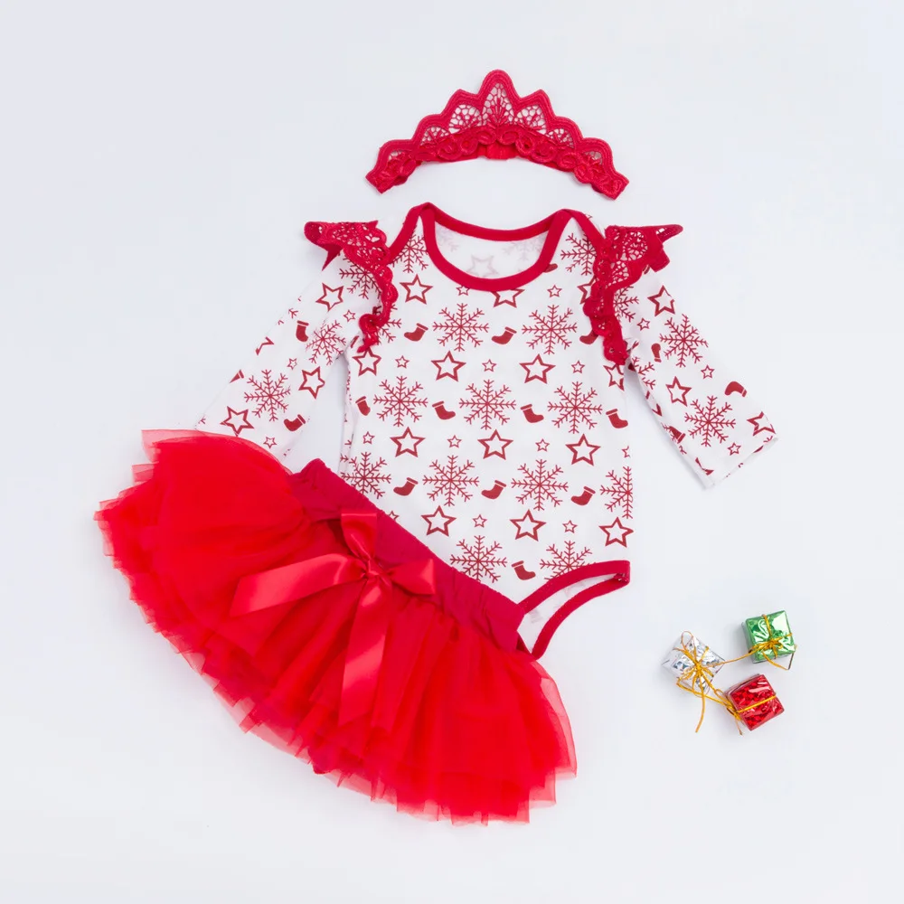 Рождественские комплекты одежды для новорожденных девочек, повязка на голову + юбка + боди, комплект одежды из 3 шт., новая стильная одежда