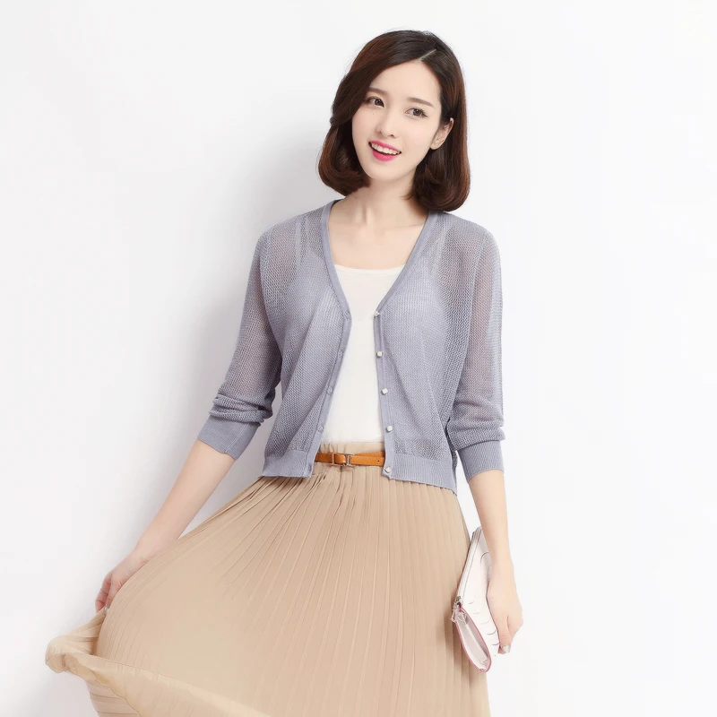 

Hot sale summer & spring lady's hollow out knitwear female long sleeve thin knit cardigan