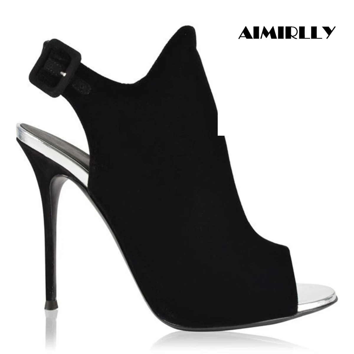 

Women Peep Toe Slingback High Heel Sandals Ankle Buckle Summer Shoes Faux Suede Black Handmade US Size 4-15.5