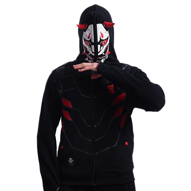 

Game OW Men Hoodies Full Zip Mask Genji Hoodie Evil Ghost Genji Sweatshirts Man Reaper Casual Clothes Cosplay Costume Winter
