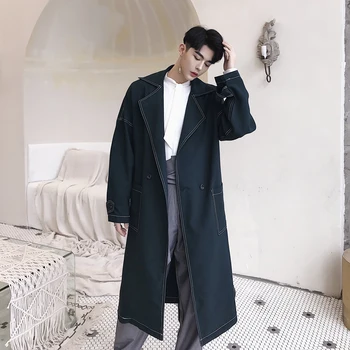 

2019 Men's Fashion Brand Vertical Lapel Long Windbreaker Loose Casual Trench Double Breasted Coats Style Green Clothes M-2XL