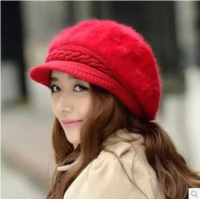 SUOGRY Rabbit шерстяной берет, толстая плюшевая шапка, Осень-зима, женская меховая вязаная шапка, модные женские шапки - Цвет: Red