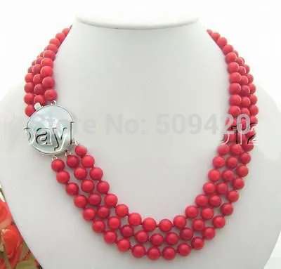 

W&O655 >>>>>3Strds Red Coral Necklace-925 Silver Mabe Clasp #@