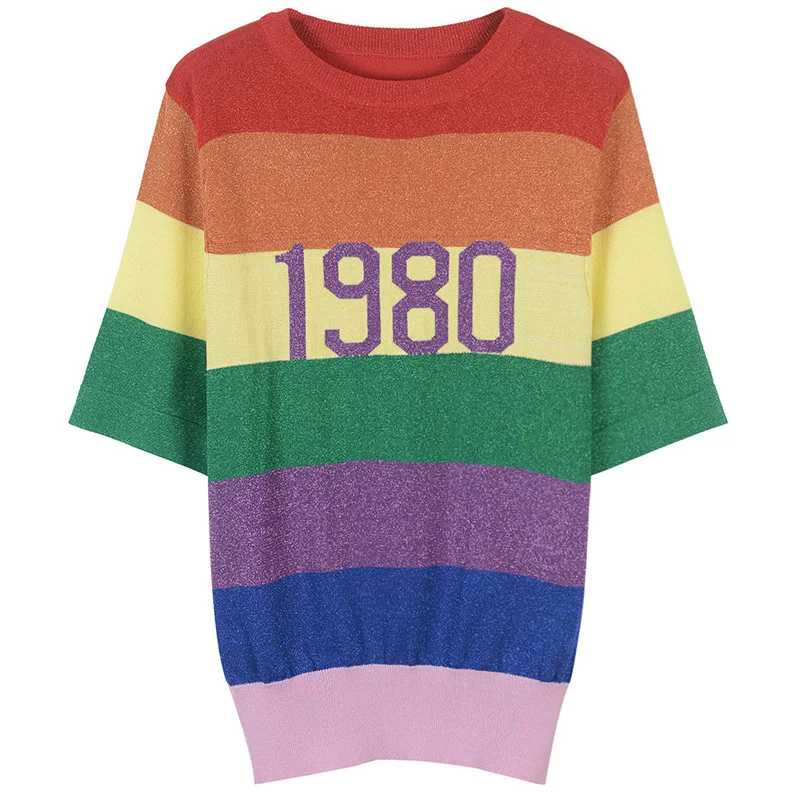 

New Runway Design Female T-shirt 1980 Rainbow Striped Bright Knitted harajuku T-shirts for Women Short Sleeve Summer Top