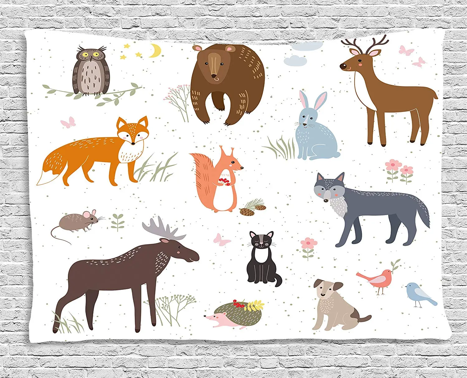 

Cute Animals in Spring Meadow Childish Tapestry Woodland Fauna Kids Baby Room Nursery Wall Hanging for Bedroom Living Room