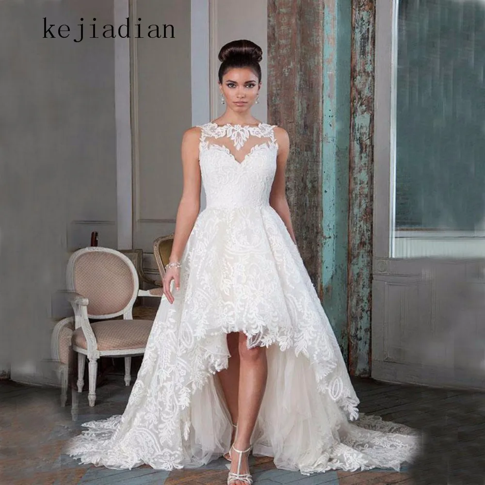 

Spring A Line Vestido De Noiva Vintage Lace Beach Wedding Dress Short in Front Long Back Bridal Dresses Custom Made