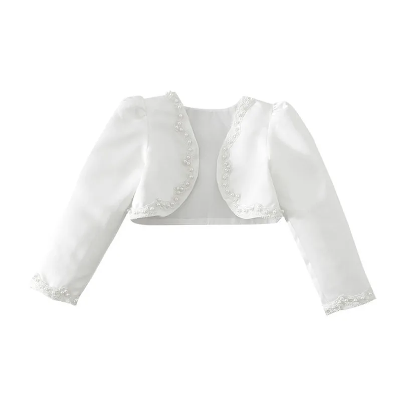 Восхитительная атласная белая куртка-болеро с длинными рукавами и бисером для девочек; короткое платье-кардиган; пышная Свадебная накидка