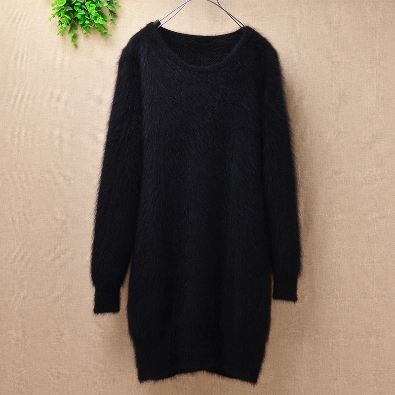 

Ladies women warm winter long small size slim black fuzzy angora rabbit fur knitted o-neck long sleeves pullover sweater dress