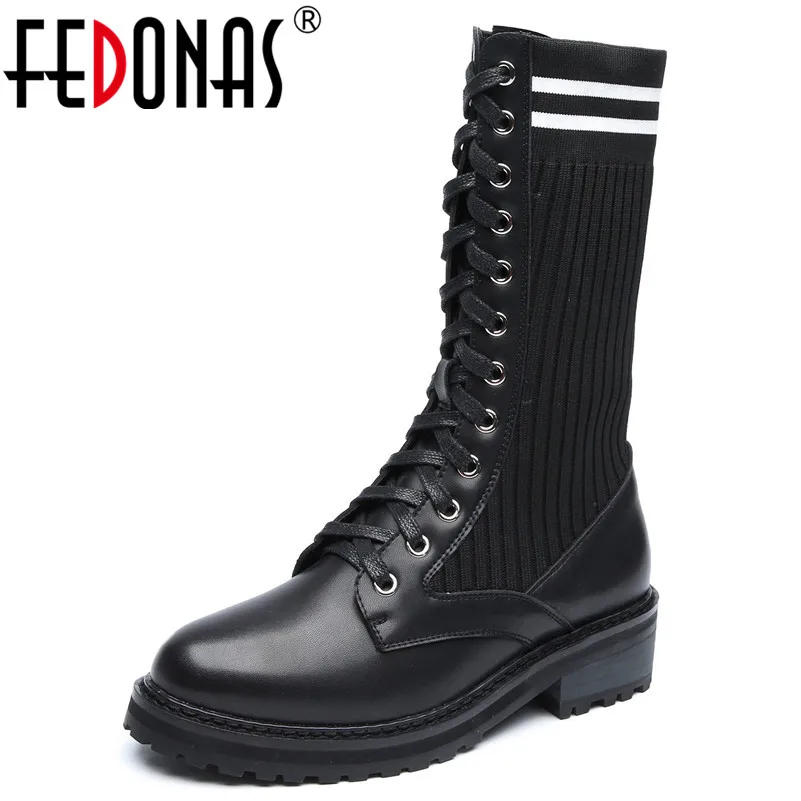 

FEDONAS Brand Sexy Black Genuine Leather Mid-calf Motorcycle Boots High Heels Corss-tied High Socks Boots Punk Party Club Shoes