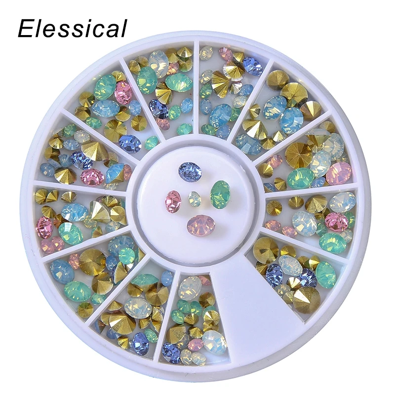 

ELESSICAL Mixed Size Colorful Opal Nail Rhinestone Sharp Bottom Strass Manicure Stud Gems Resin 3D Nail Art Decorations In Wheel