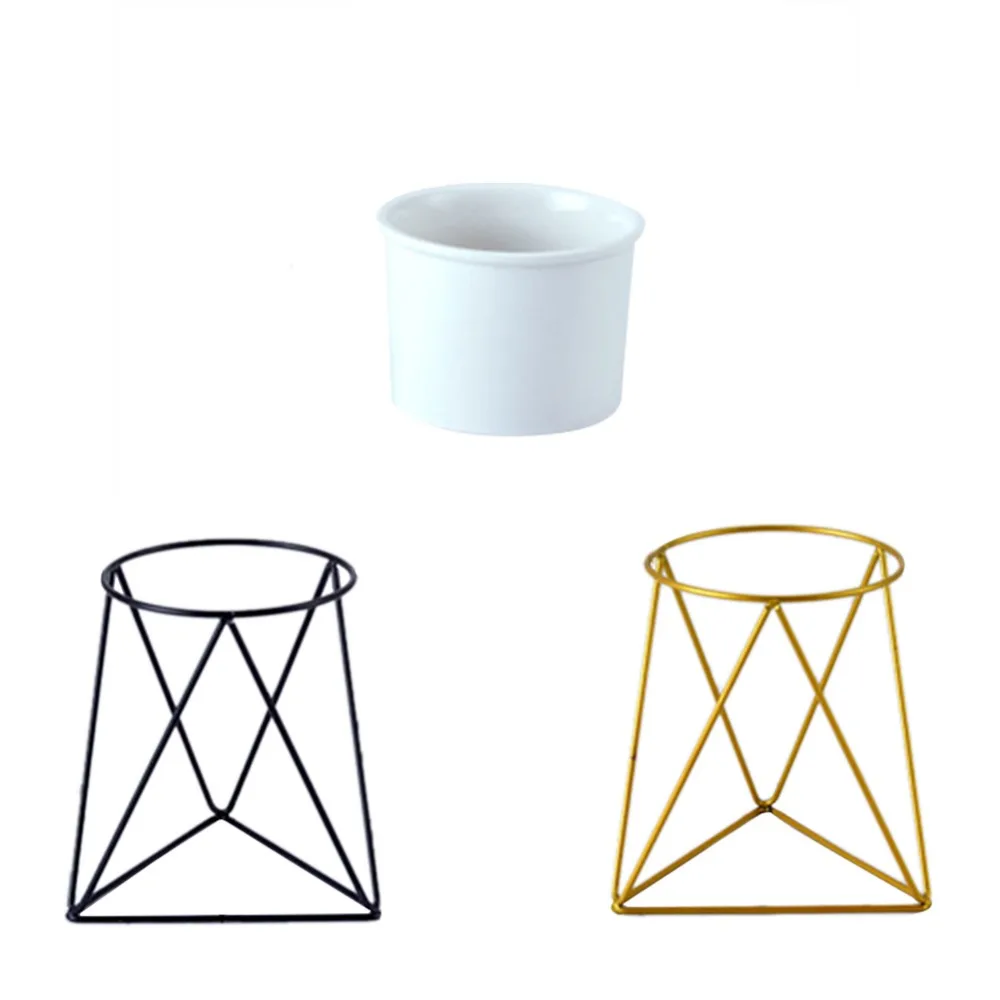 

Modern Desktop White Small Ceramic Plant Flower Pot Planter with Geometric Yellow Iron Rack Holder for Succulents Herbs Cactus