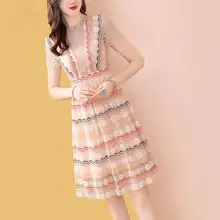 Женское кружевное платье с принтом, ТРАПЕЦИЕВИДНОЕ мини-платье с дырками, эластичное, ретро, элегантное, украшенное бисером, женское летнее платье с высокой талией